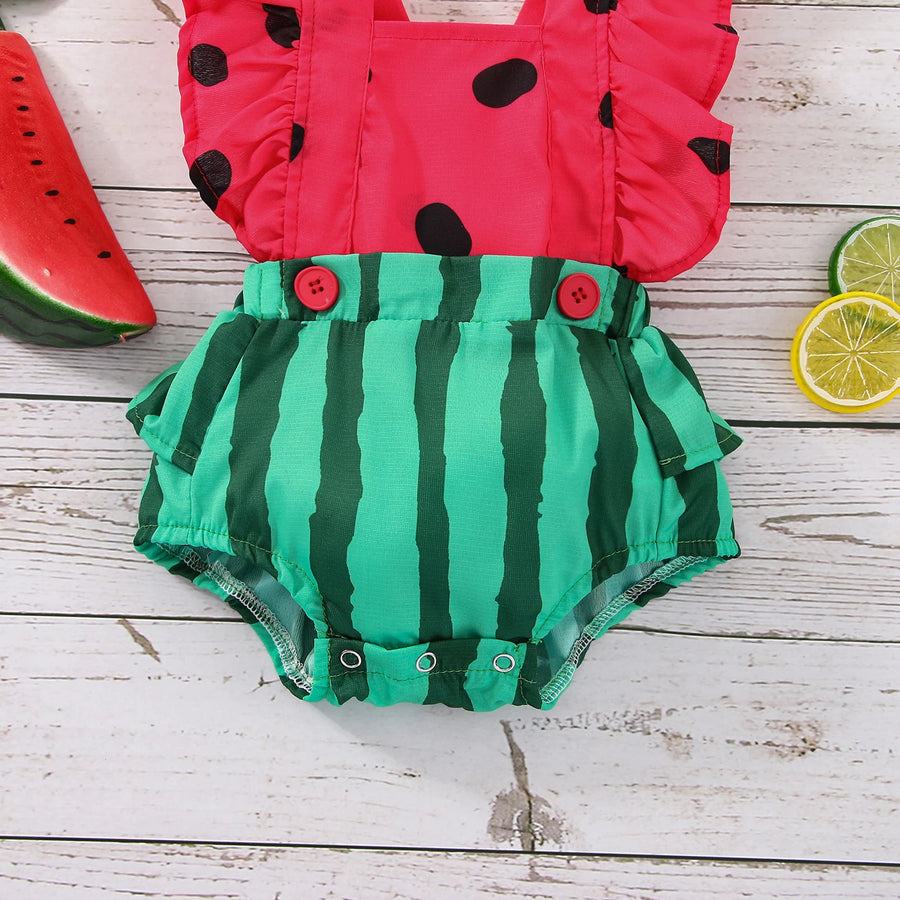 Summer Infant Newborn Baby Girls Boys Bodysuit Outfits Watermelon Print Fly Sleeve Jumpsuit Headband Clothes