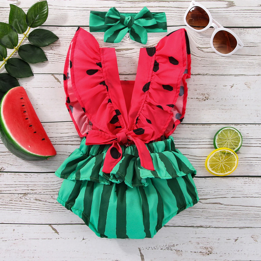 Summer Infant Newborn Baby Girls Boys Bodysuit Outfits Watermelon Print Fly Sleeve Jumpsuit Headband Clothes