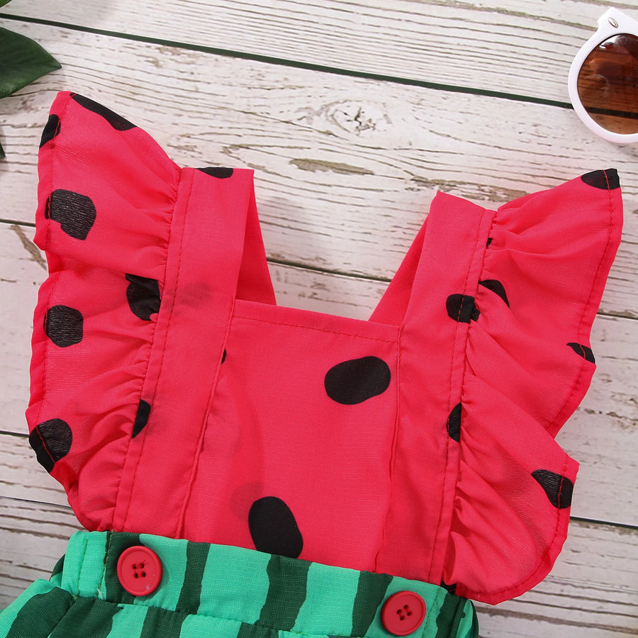 Summer Infant Newborn Baby Girls Boys Bodysuit Outfits Watermelon Print Fly Sleeve Jumpsuit Headband Clothes