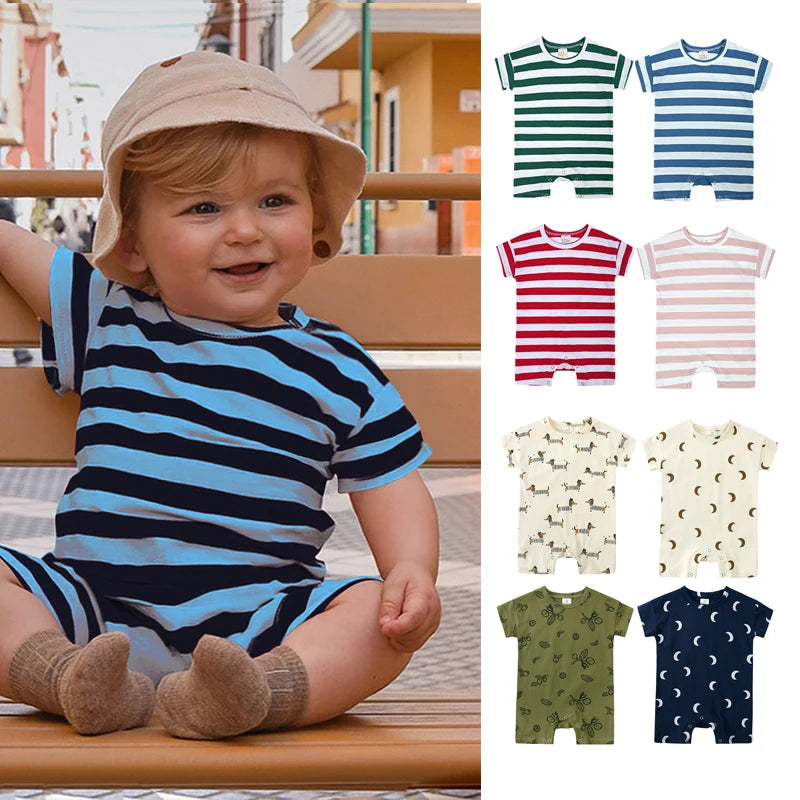 Baby Summer Rompers Unisex Newborn Baby Knitted Stripes Newborn Romper Baby Boy Girl Clothing Cotton Clothes with Button Closure