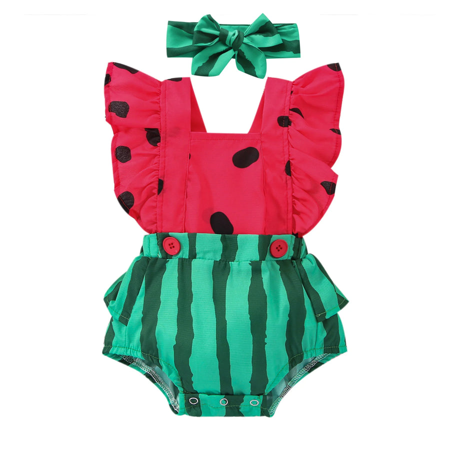 Summer Infant Newborn Baby Girls Boys Bodysuit Outfits Watermelon Print Fly Sleeve Jumpsuit Headband Clothes