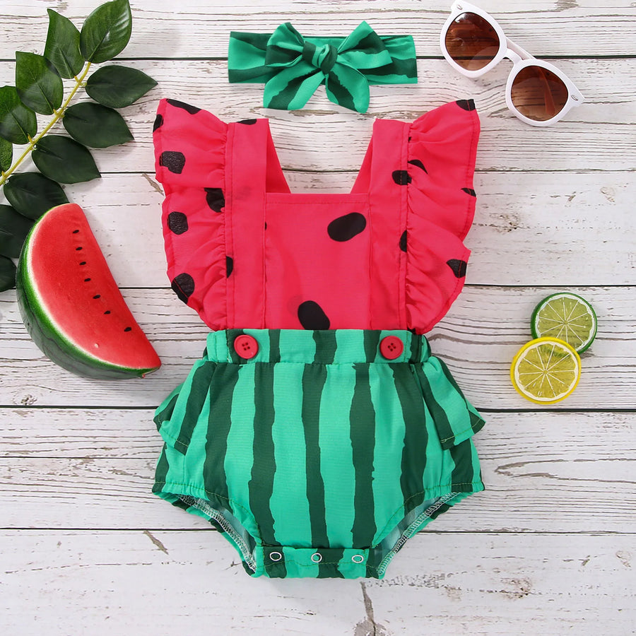 Summer Infant Newborn Baby Girls Boys Bodysuit Outfits Watermelon Print Fly Sleeve Jumpsuit Headband Clothes
