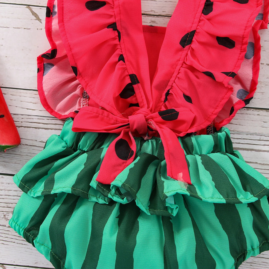 Summer Infant Newborn Baby Girls Boys Bodysuit Outfits Watermelon Print Fly Sleeve Jumpsuit Headband Clothes